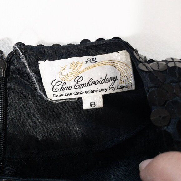 Vintage Black Sequin Peplum Long Sleeve Dress By Chaozhou Hand Stitched Embroide - Picture 8 of 11
